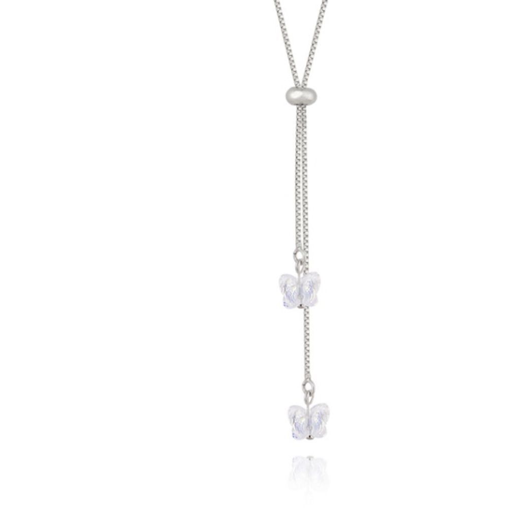 Necklace Pull Tie Swarovski Authentic Crystals Butterflies White Rhodium Plated